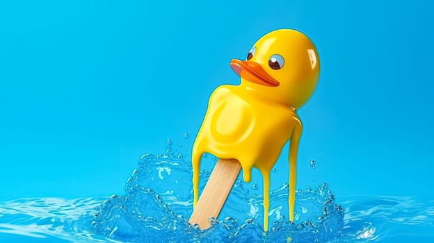 Chill vibes A delectable scoop of ice cream adorned with a cute yellow duck, set against a refreshing blue backdrop. Summers sweet escape.