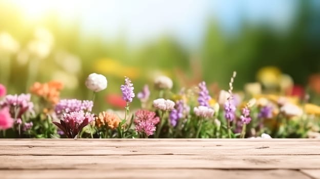 A rustic wooden table nestled in a sunlit meadow with lush green grass and surrounding forest trees, providing a charming backdrop for various products.