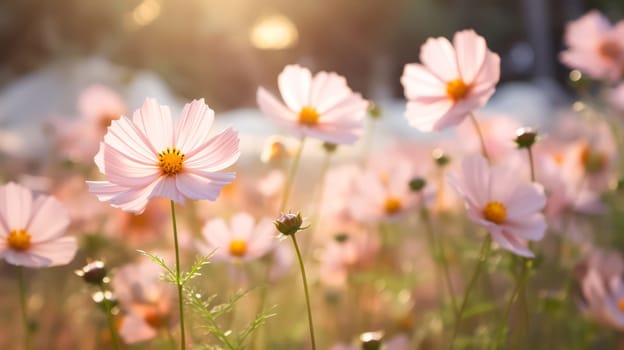 Vibrant cosmos flowers bloom gracefully in the garden, showcasing their beauty and adding a burst of color to natures canvas. Summer joy captured in petals.