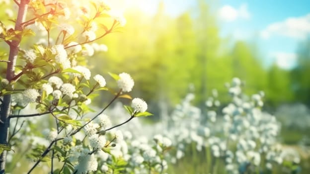 Glistening in the summer sun, delicate white flowers adorn a meadow, bathed in the warm embrace of sun rays, creating a serene and picturesque scene.