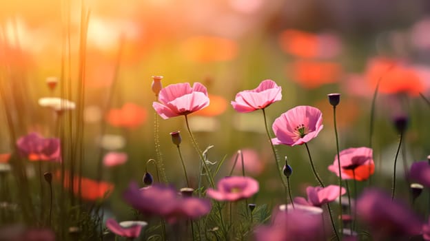 Glistening meadow flowers adorned with raindrops capture the essence of a refreshing summer day, offering a serene and captivating natural scene.