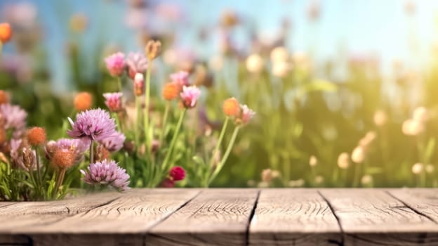 A rustic wooden table nestled in a sunlit meadow with lush green grass and surrounding forest trees, providing a charming backdrop for various products.