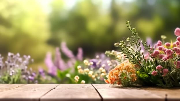 A rustic wooden table nestled in a sunlit meadow with lush green grass and surrounding forest trees, providing a charming backdrop for various products.