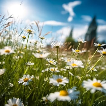 Elegant wild daisies grace the meadow, their white petals contrasting with the lush green grass. A picturesque scene embodying the essence of nature and gardening.