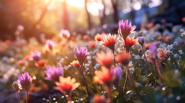 Vibrant cosmos flowers bloom gracefully in the garden, showcasing their beauty and adding a burst of color to natures canvas. Summer joy captured in petals.