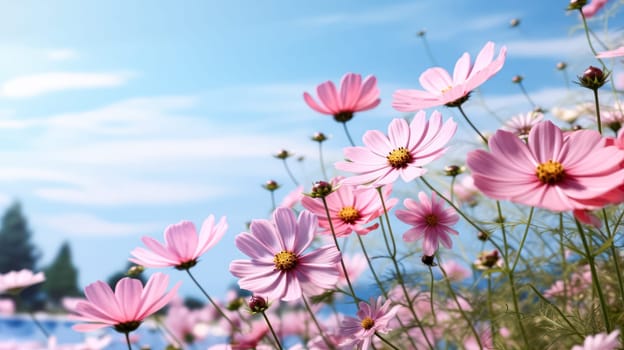 A stunning summer landscape unfolds as yellow and white daisies, clovers, and dandelions grace the grass against the backdrop of the morning dawn. Ultra wide panoramic view, perfect for banners.