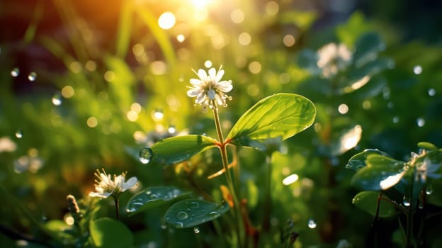 Glistening meadow flowers adorned with raindrops capture the essence of a refreshing summer day, offering a serene and captivating natural scene.