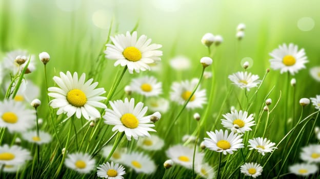 Elegant wild daisies grace the meadow, their white petals contrasting with the lush green grass. A picturesque scene embodying the essence of nature and gardening.