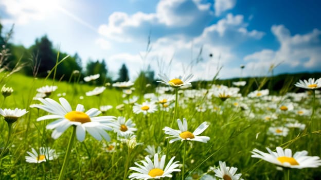 Daisies bloom in a sun drenched spring meadow. Bokeh lights add sparkle to blurred backgrounds, creating a dreamy and enchanting atmosphere.