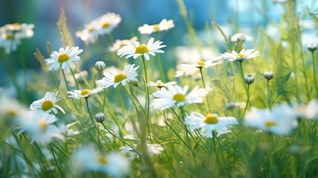 Daisies bloom in a sun drenched spring meadow. Bokeh lights add sparkle to blurred backgrounds, creating a dreamy and enchanting atmosphere.