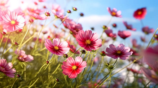 A stunning summer landscape unfolds as yellow and white daisies, clovers, and dandelions grace the grass against the backdrop of the morning dawn. Ultra wide panoramic view, perfect for banners.