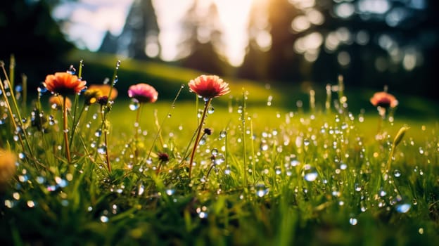 A stunning summer landscape unfolds as yellow and white daisies, clovers, and dandelions grace the grass against the backdrop of the morning dawn. Ultra wide panoramic view, perfect for banners.