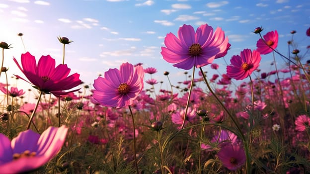 A stunning summer landscape unfolds as yellow and white daisies, clovers, and dandelions grace the grass against the backdrop of the morning dawn. Ultra wide panoramic view, perfect for banners.