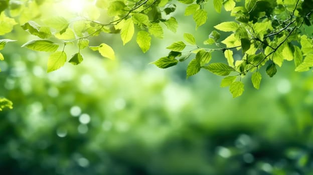 Lush green beech tree leaves thrive in the forest on a sunny day, presenting a serene image against a softly blurred natural background.