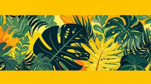 Vibrant botanical delight. Horizontal banners featuring tropical leaves on a sunny yellow backdrop. Perfect for cosmetics, spa, perfume, and health care product promotions.