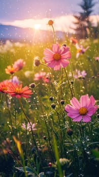 Vibrant cosmos flowers bloom gracefully in the garden, showcasing their beauty and adding a burst of color to natures canvas. Summer joy captured in petals.