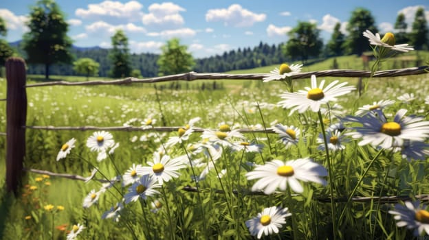 Daisies bloom in a sun drenched spring meadow. Bokeh lights add sparkle to blurred backgrounds, creating a dreamy and enchanting atmosphere.