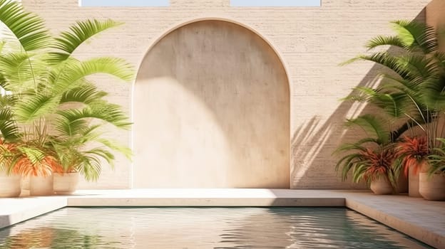 Chic tropical allure! Luxurious resort exterior with a concrete wall, refreshing pool, and the sultry shadow of palm leaves. Ideal for sophisticated product placement.