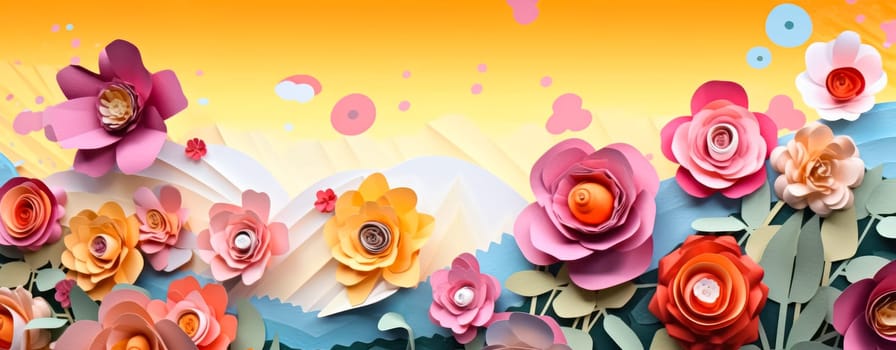A vibrant display of paper flowers, creating a lively and festive floral background perfect for occasions like Mother's Day or Easter greetings.