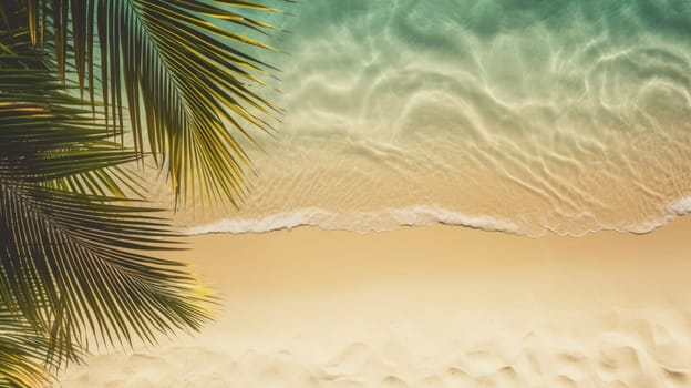 Sunny sand beach with water and green palm leaf from above, empty natural background with copy space AI