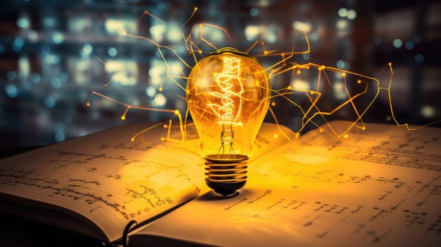 Yellow light bulb. Background sheet of notebook with formulas and books AI