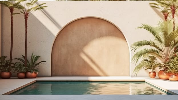 Chic tropical allure! Luxurious resort exterior with a concrete wall, refreshing pool, and the sultry shadow of palm leaves. Ideal for sophisticated product placement.