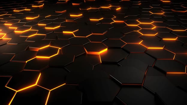 Black background with blue neon hexagon grid. Glowing hex background AI