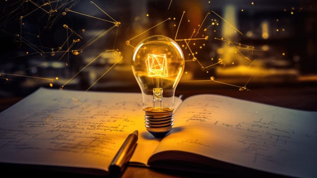 Yellow light bulb. Background sheet of notebook with formulas and books AI
