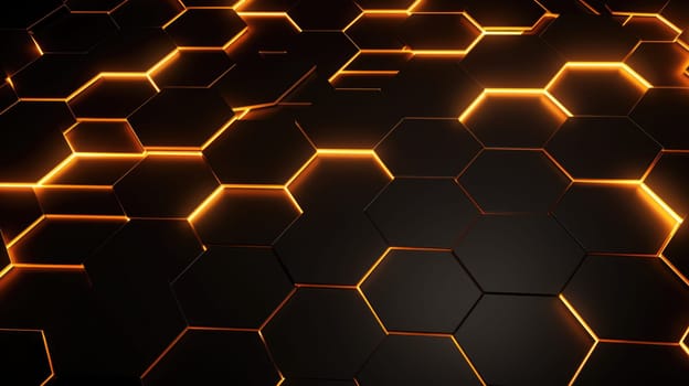 Black background with blue neon hexagon grid. Glowing hex background AI