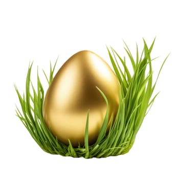 Golden easter egg in grass isolated on a white background. AI