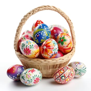 Easter basket filled with hand painted pastel Easter Eggs AI