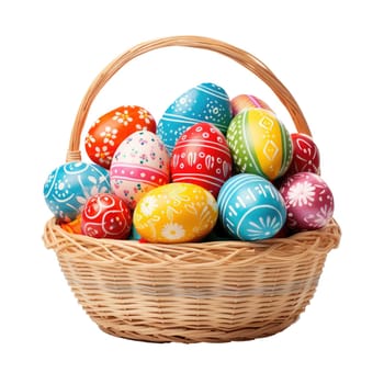 Easter basket filled with hand painted pastel Easter Eggs AI