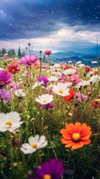 Vibrant cosmos flowers bloom gracefully in the garden, showcasing their beauty and adding a burst of color to natures canvas. Summer joy captured in petals.