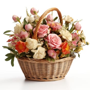 Wicker basket with beautiful spring flowers on white background AI