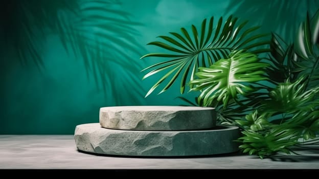 Concrete podium for cosmetics adorned with lush tropical leaves on a vibrant green background. Elevate your product presentation with this stylish and tropical design.