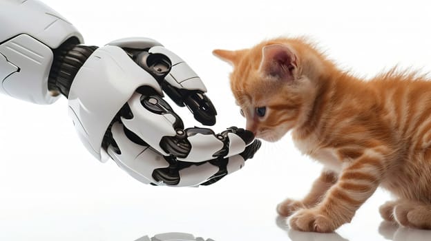 A robot hand gently touches a small cute ginger kitten with a finger on a white background.