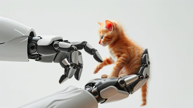 A robot hand gently touches a small cute ginger kitten with a finger on a white background.