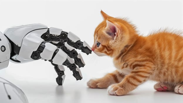 A robot hand gently touches a small cute ginger kitten with a finger on a white background.