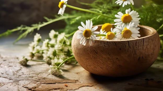 Dried chamomile flowers on a wooden table create a calming scene, perfect for soothing chamomile tea. Herbal drink concept with copy space for text.