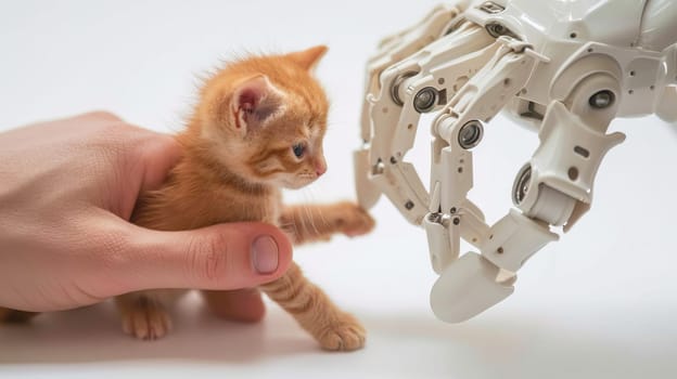 A robot hand gently touches a small cute ginger kitten with a finger on a white background.