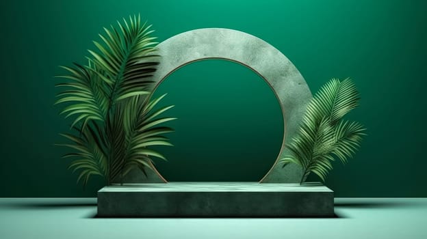 Concrete podium for cosmetics adorned with lush tropical leaves on a vibrant green background. Elevate your product presentation with this stylish and tropical design.