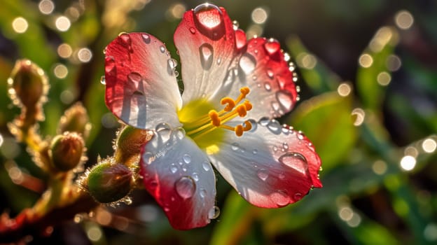 Glistening meadow flowers adorned with raindrops capture the essence of a refreshing summer day, offering a serene and captivating natural scene.