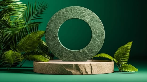 Concrete podium for cosmetics adorned with lush tropical leaves on a vibrant green background. Elevate your product presentation with this stylish and tropical design.