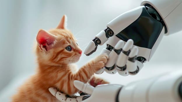 A robot hand gently touches a small cute ginger kitten with a finger on a white background.