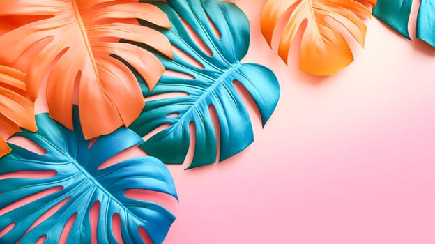 Vibrant and creative fluorescent color layout crafted from tropical leaves, capturing the essence of summer with a bold and tropical aesthetic.