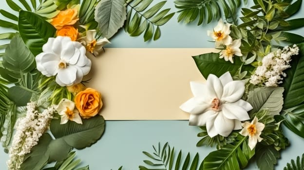 Embrace the tropical vibe with a vibrant frame of leaves and roses a perfect touch for your summer concept. Add your text and let the creativity bloom