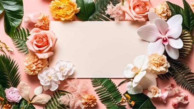 Embrace the tropical vibe with a vibrant frame of leaves and roses a perfect touch for your summer concept. Add your text and let the creativity bloom