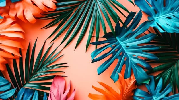 Vibrant and creative fluorescent color layout crafted from tropical leaves, capturing the essence of summer with a bold and tropical aesthetic.