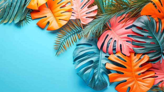 Vibrant and creative fluorescent color layout crafted from tropical leaves, capturing the essence of summer with a bold and tropical aesthetic.