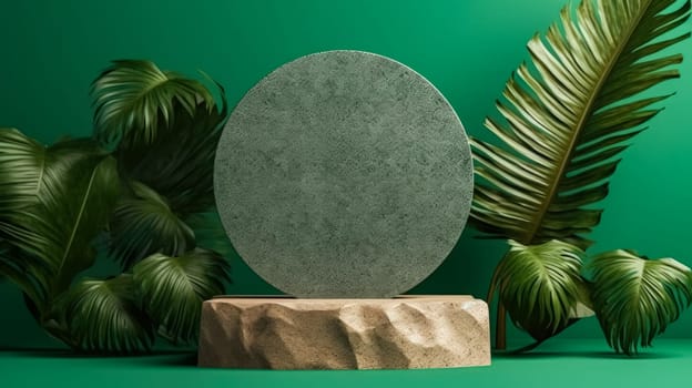 Concrete podium for cosmetics adorned with lush tropical leaves on a vibrant green background. Elevate your product presentation with this stylish and tropical design.